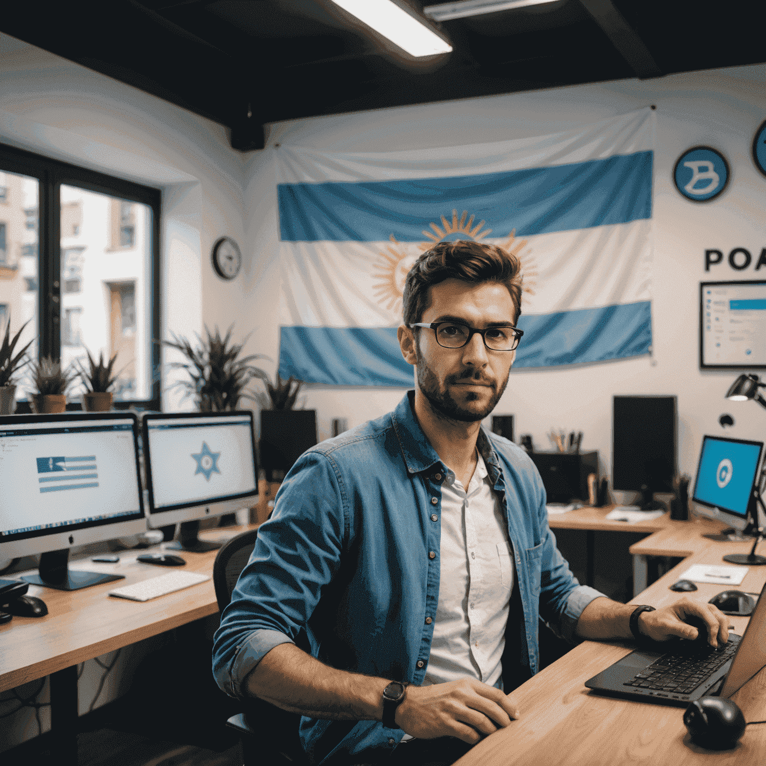 Desarrollador web trabajando en una oficina moderna en Buenos Aires, con la bandera argentina y símbolos tecnológicos de fondo