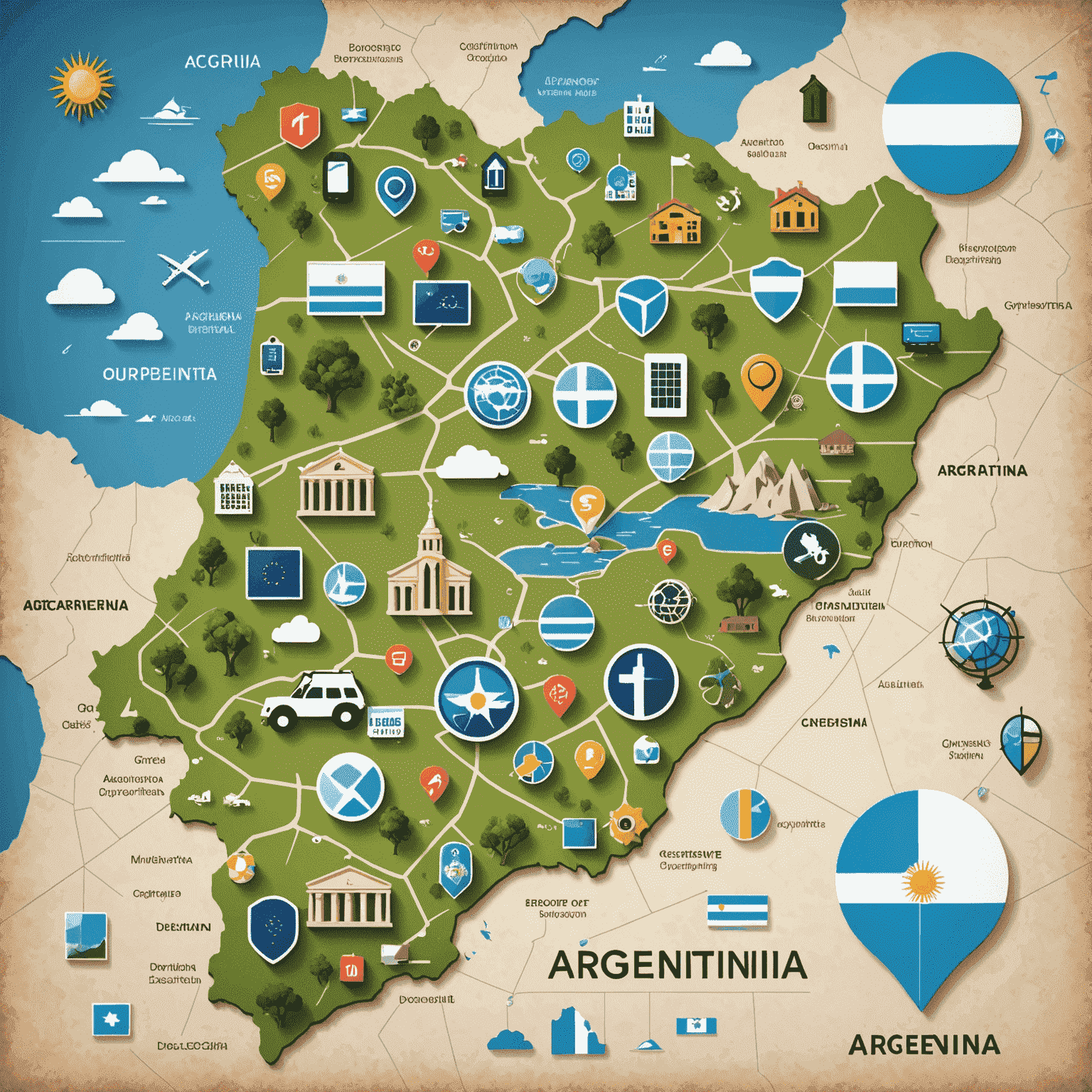 Imagen que muestra un mapa de Argentina con iconos de tecnología y desarrollo web superpuestos, representando las oportunidades de carrera en el país