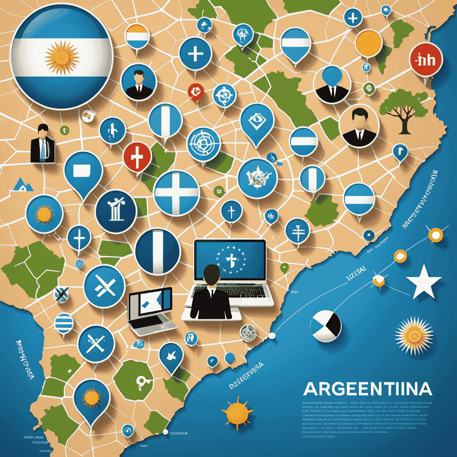 Imagen que muestra un mapa de Argentina con iconos de tecnología y desarrollo web superpuestos, representando las oportunidades de carrera en el país