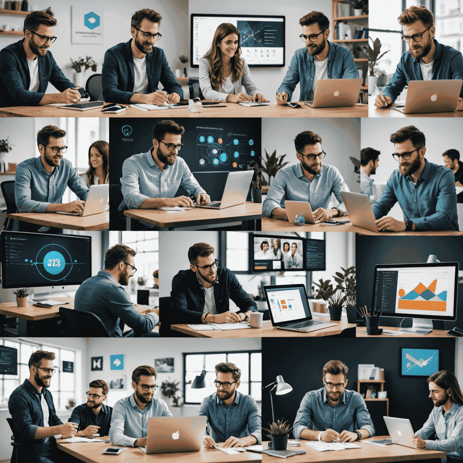 Collage de imágenes que muestran desarrolladores web argentinos trabajando en proyectos innovadores, logos de empresas tecnológicas argentinas y una representación del crecimiento profesional